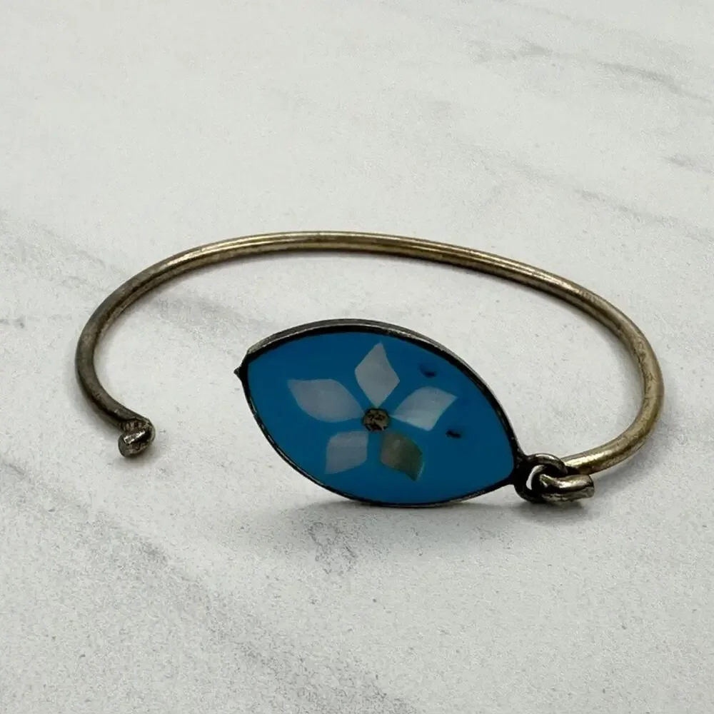 Vintage Mexico Blue MOP Flower Inlay Eye Pendant Silver Tone Child Bangle ✨